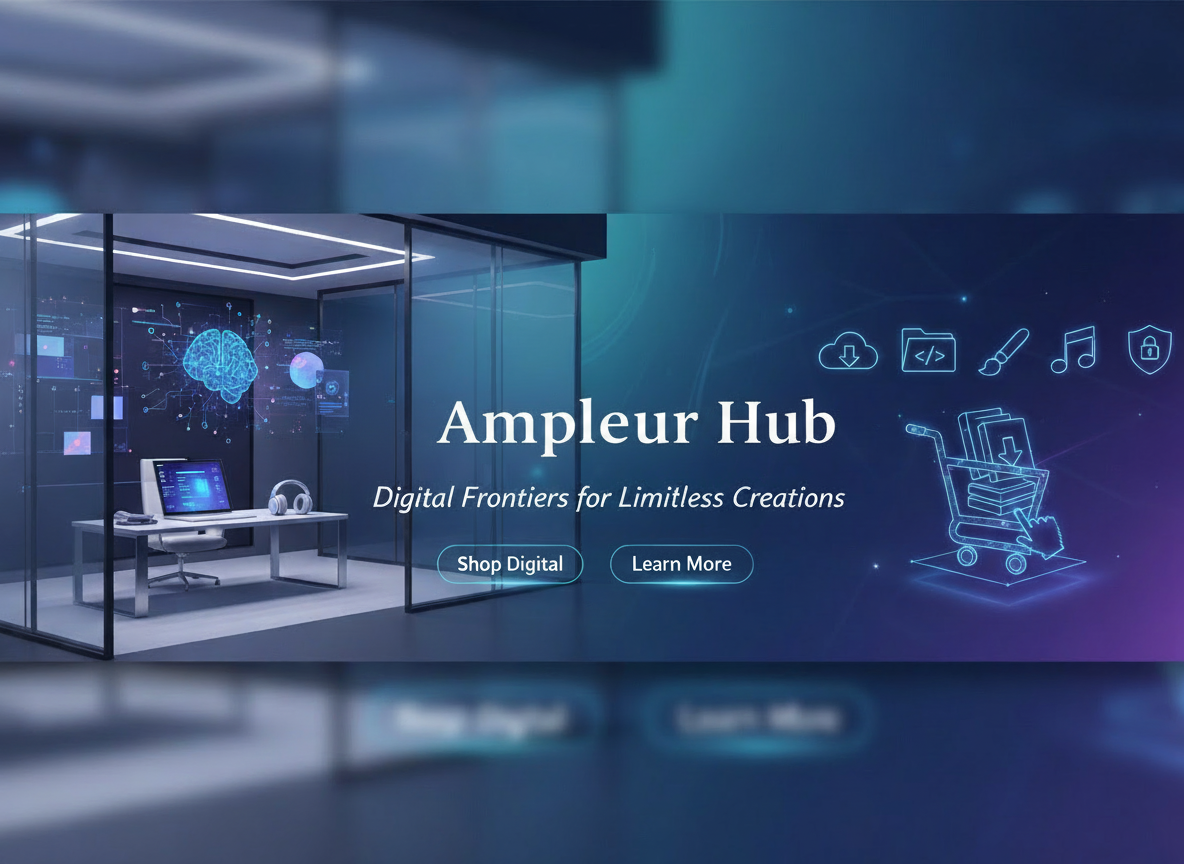 Modern office interior with digital elements and Ampleur Hub branding.